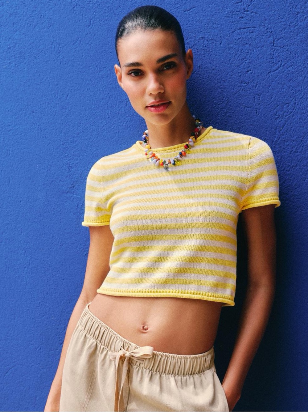 Zara Yellow & Cream Striped Crop Knit Tee